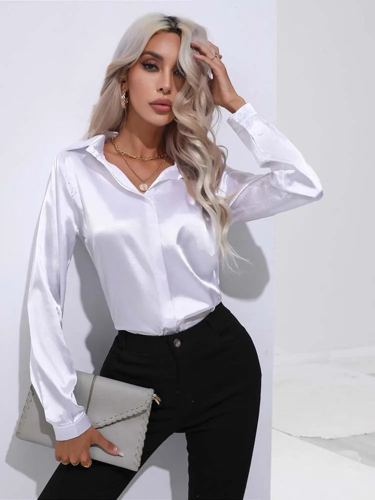 Classic Button-Up Blouse - V-Neck Long Sleeve Shirt for Women