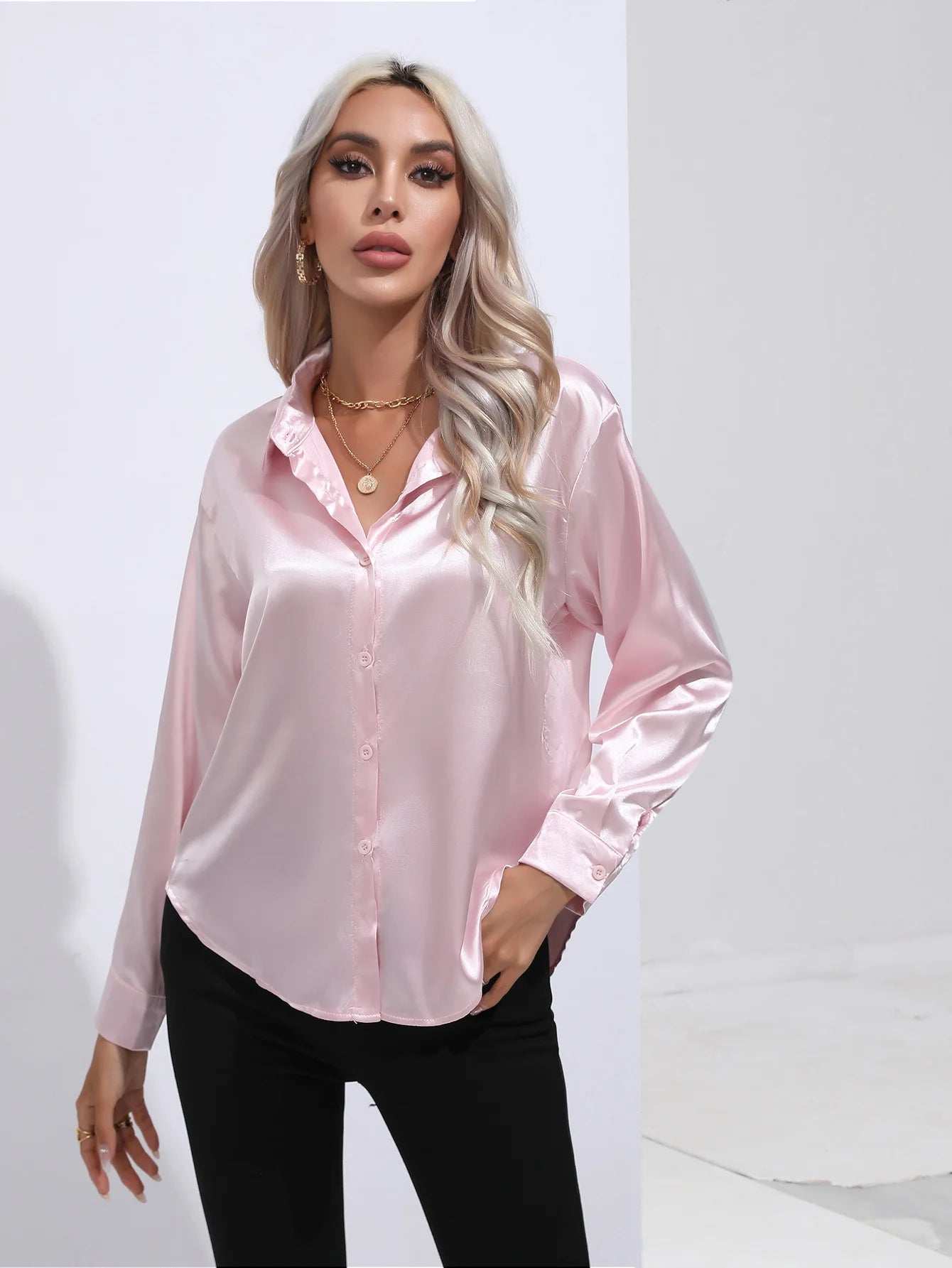 Classic Button-Up Blouse - V-Neck Long Sleeve Shirt for Women