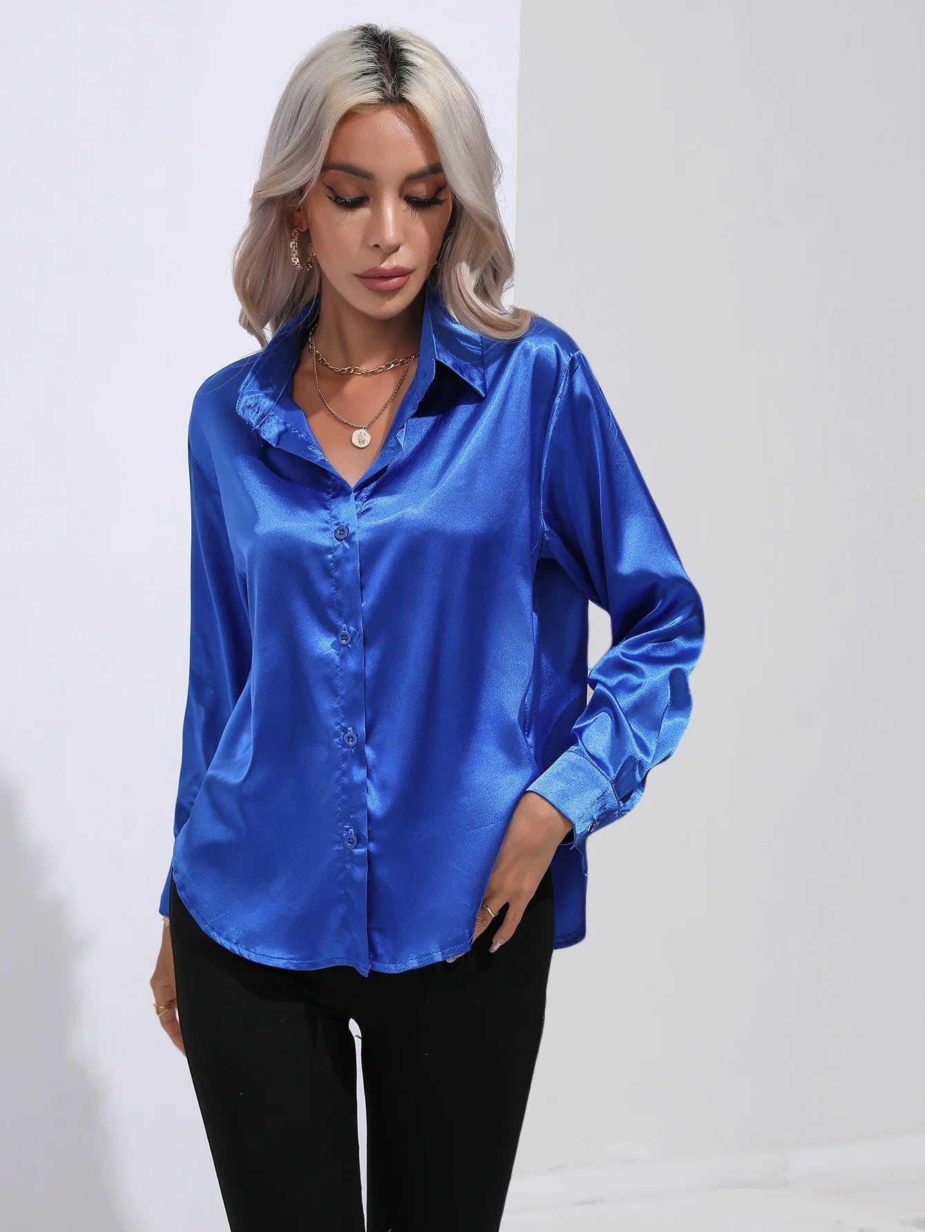 Classic Button-Up Blouse - V-Neck Long Sleeve Shirt for Women