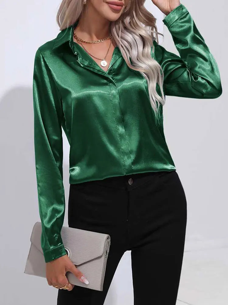 Classic Button-Up Blouse - V-Neck Long Sleeve Shirt for Women