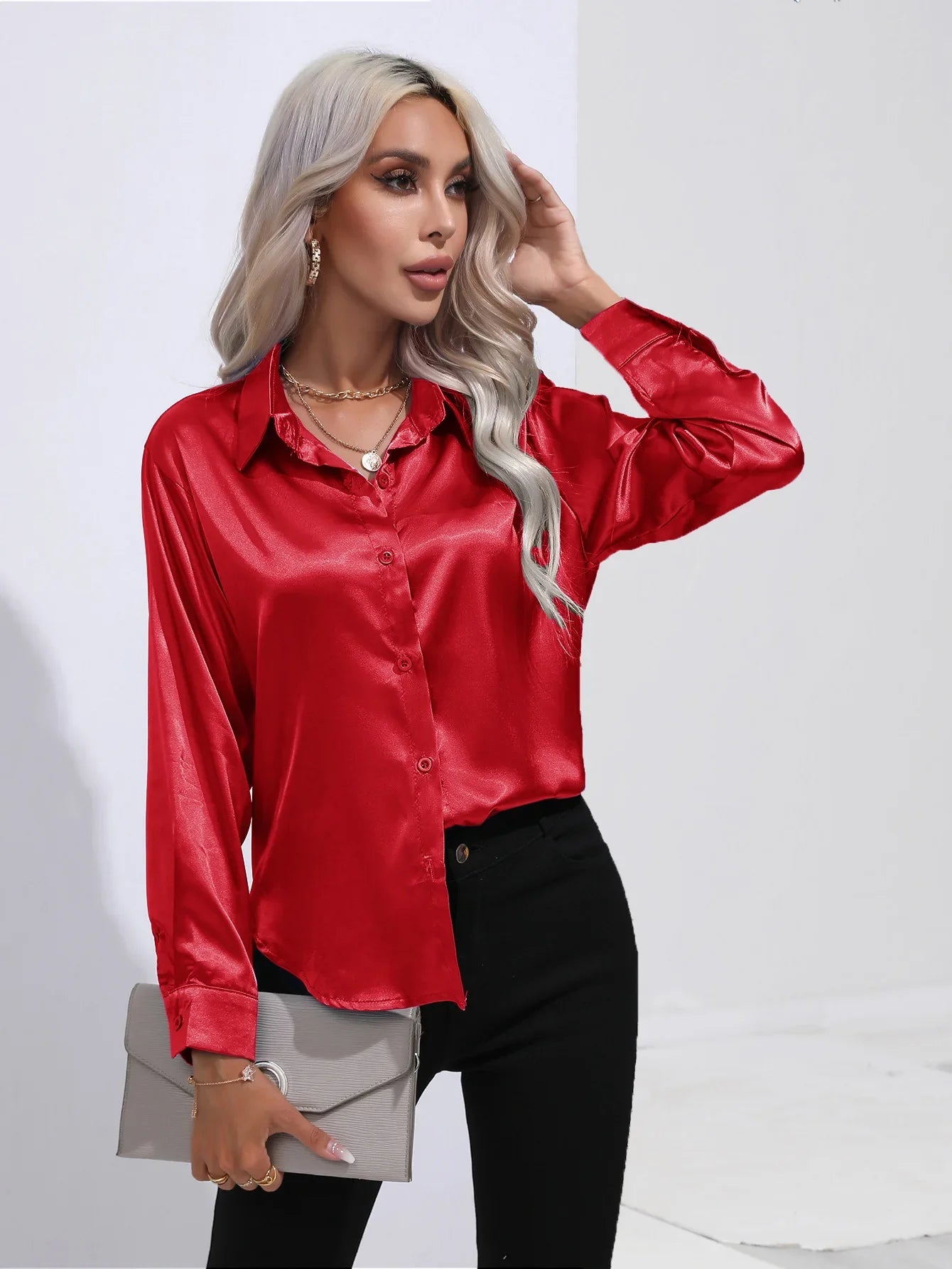 Classic Button-Up Blouse - V-Neck Long Sleeve Shirt for Women