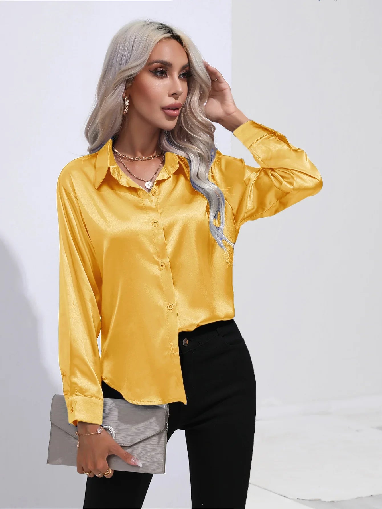 Classic Button-Up Blouse - V-Neck Long Sleeve Shirt for Women