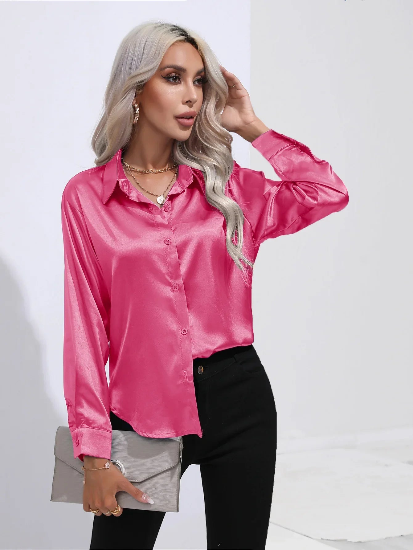Classic Button-Up Blouse - V-Neck Long Sleeve Shirt for Women
