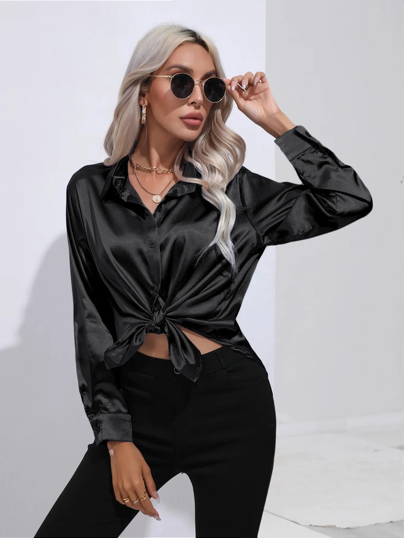 Classic Button-Up Blouse - V-Neck Long Sleeve Shirt for Women