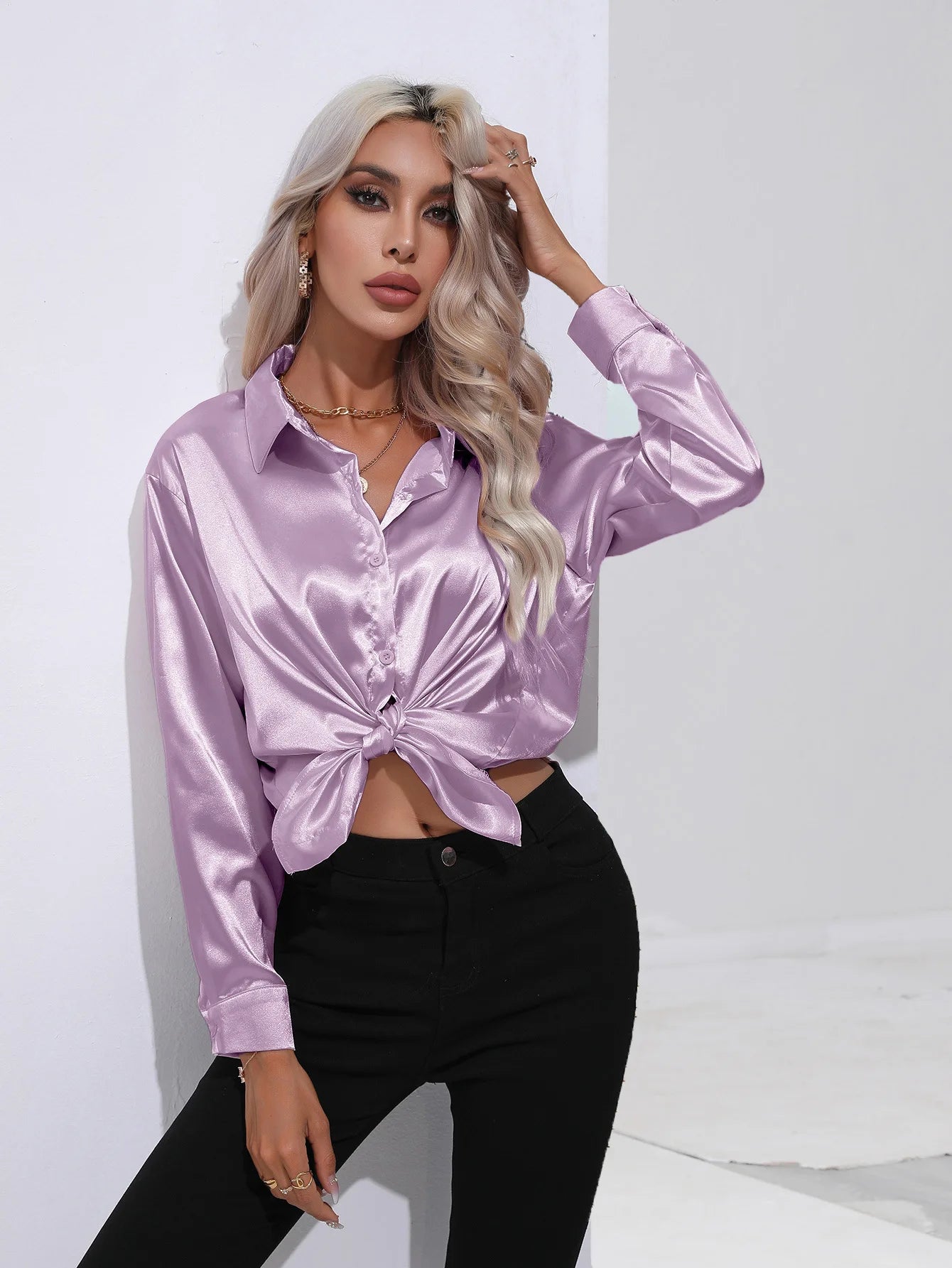 Classic Button-Up Blouse - V-Neck Long Sleeve Shirt for Women