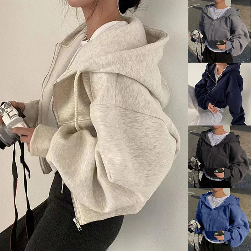 Fleece-Lined Zip-Up Hooded Sweatshirt - Cropped Fit for Women