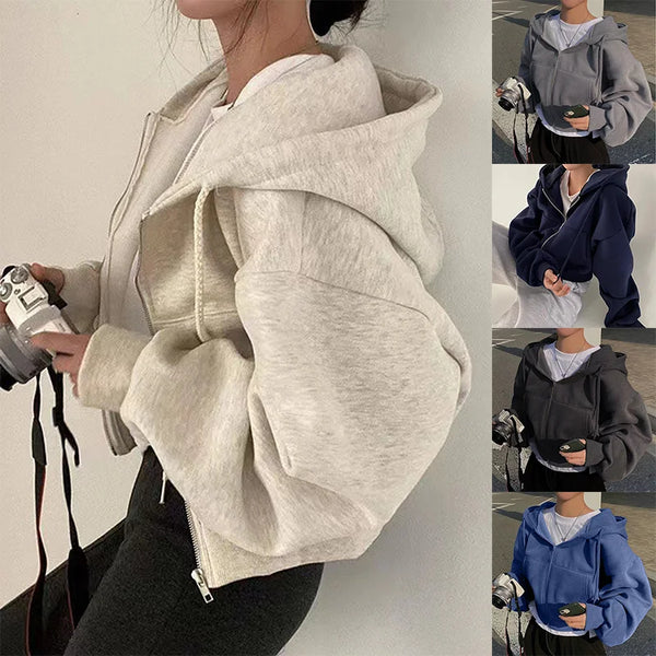 Fleece-Lined Zip-Up Hooded Sweatshirt - Cropped Fit for Women