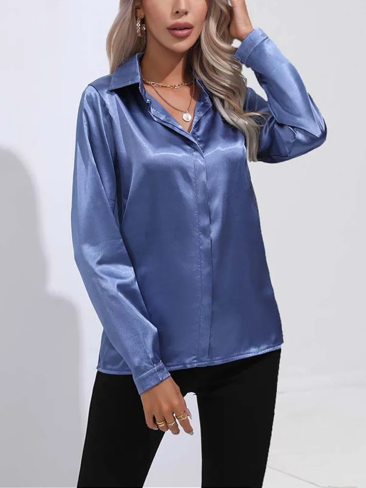 Classic Button-Up Blouse - V-Neck Long Sleeve Shirt for Women
