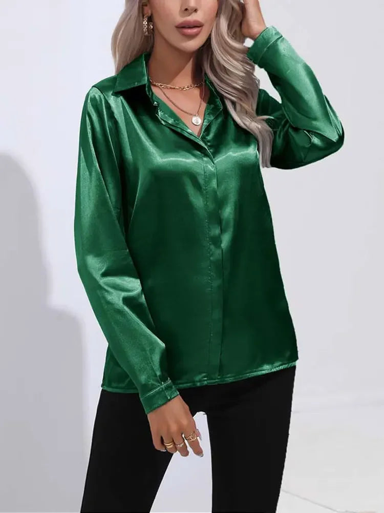 Classic Button-Up Blouse - V-Neck Long Sleeve Shirt for Women