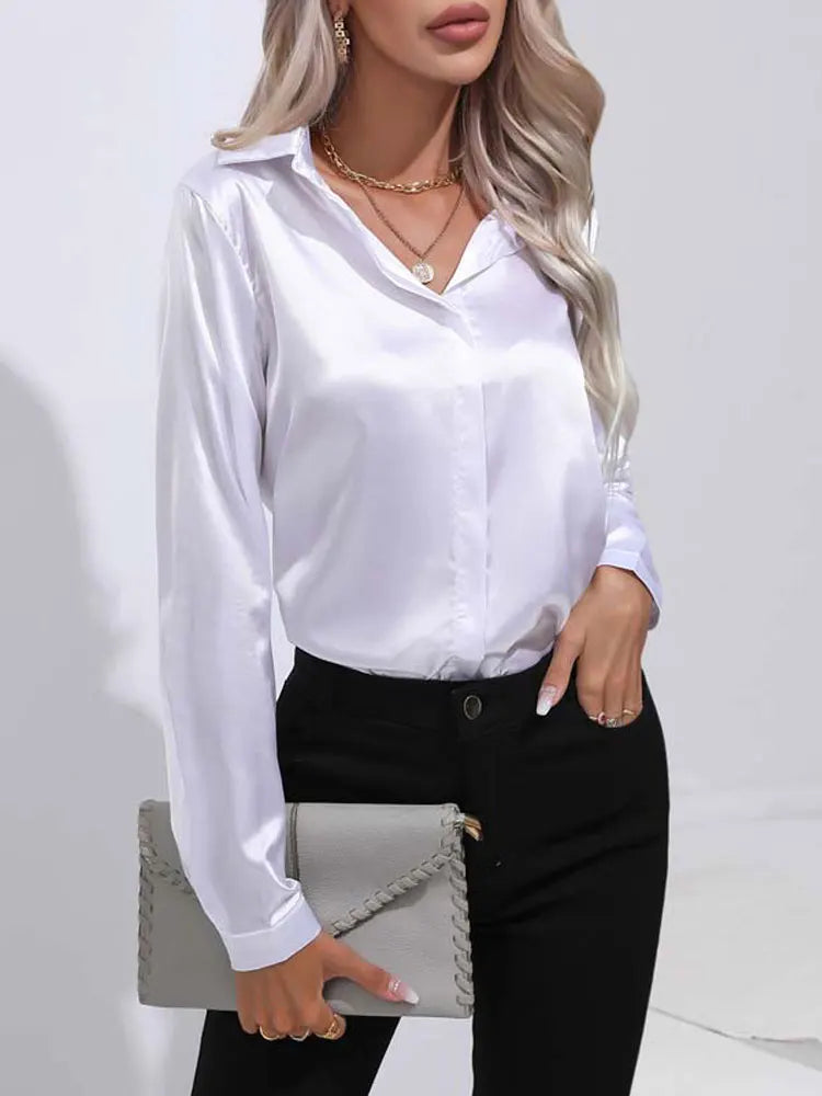 Classic Button-Up Blouse - V-Neck Long Sleeve Shirt for Women