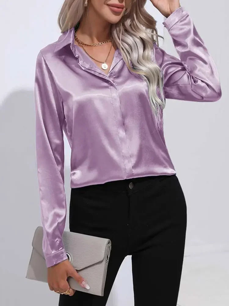 Classic Button-Up Blouse - V-Neck Long Sleeve Shirt for Women