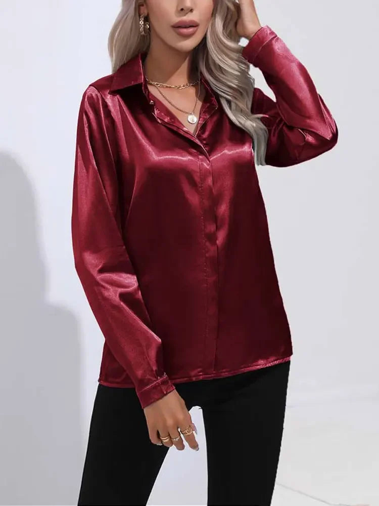 Classic Button-Up Blouse - V-Neck Long Sleeve Shirt for Women