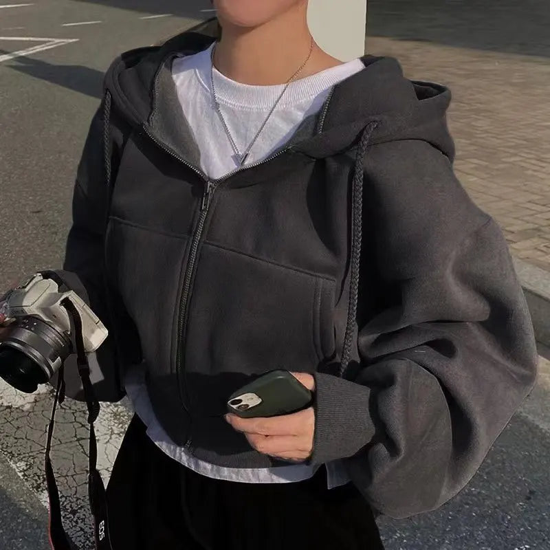 Fleece-Lined Zip-Up Hooded Sweatshirt - Cropped Fit for Women