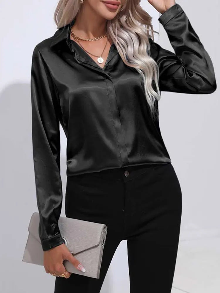 Classic Button-Up Blouse - V-Neck Long Sleeve Shirt for Women