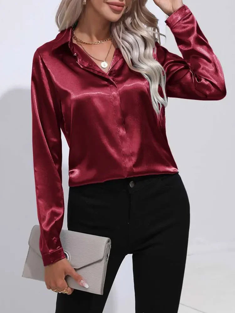 Classic Button-Up Blouse - V-Neck Long Sleeve Shirt for Women