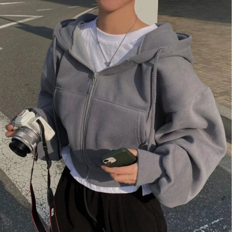 Fleece-Lined Zip-Up Hooded Sweatshirt - Cropped Fit for Women