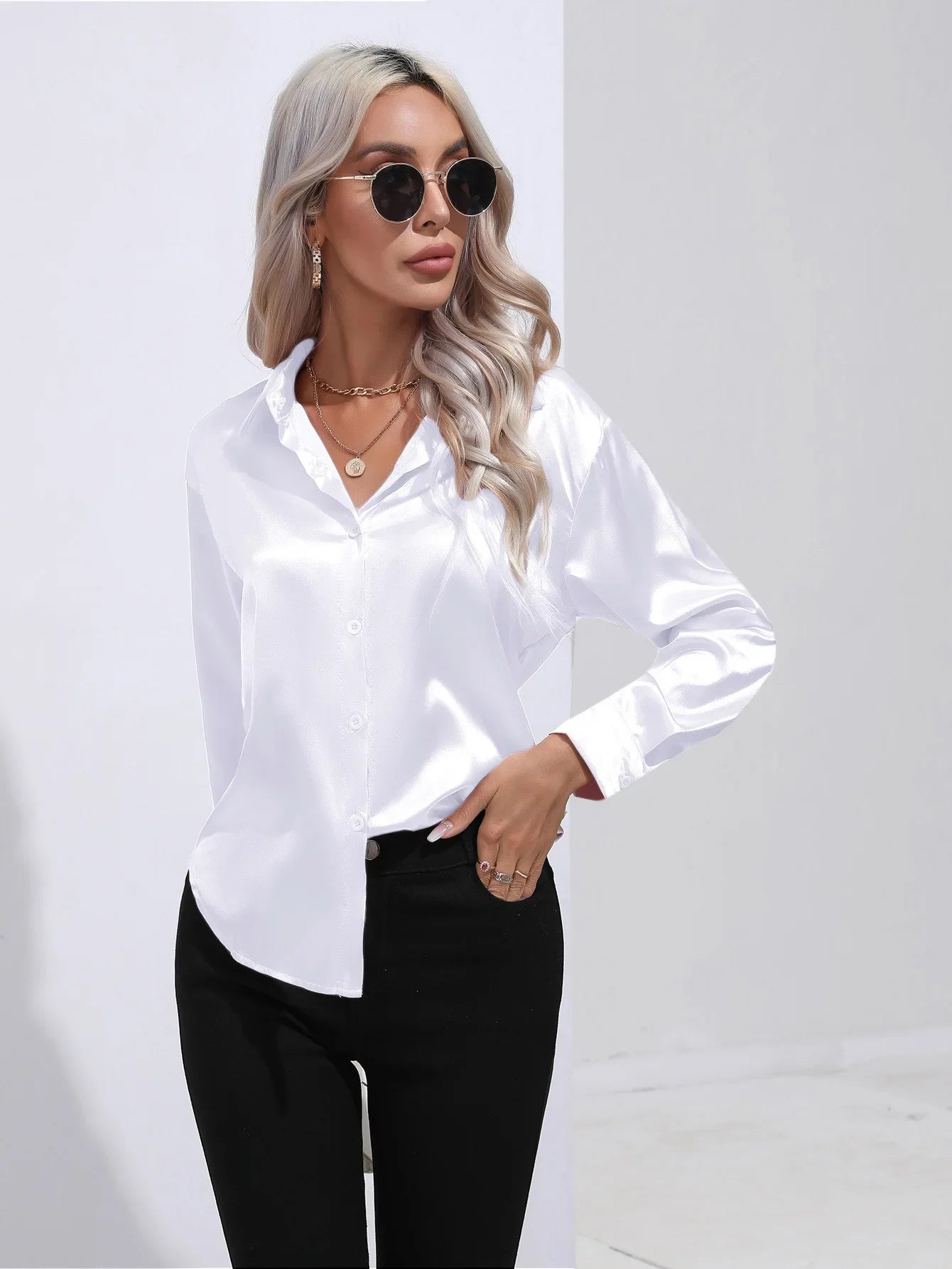 Classic Button-Up Blouse - V-Neck Long Sleeve Shirt for Women