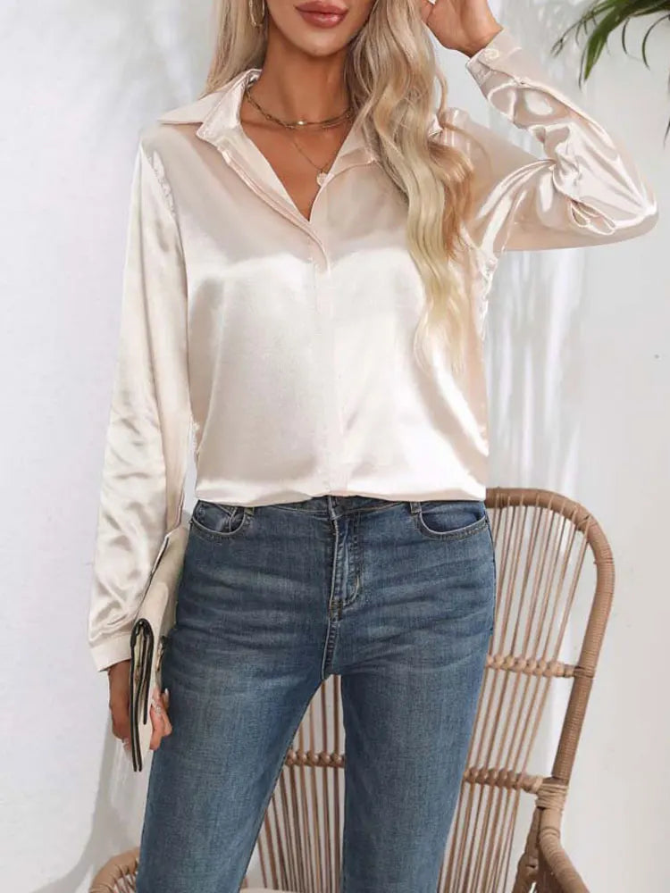 Classic Button-Up Blouse - V-Neck Long Sleeve Shirt for Women