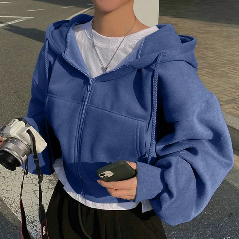 Fleece-Lined Zip-Up Hooded Sweatshirt - Cropped Fit for Women