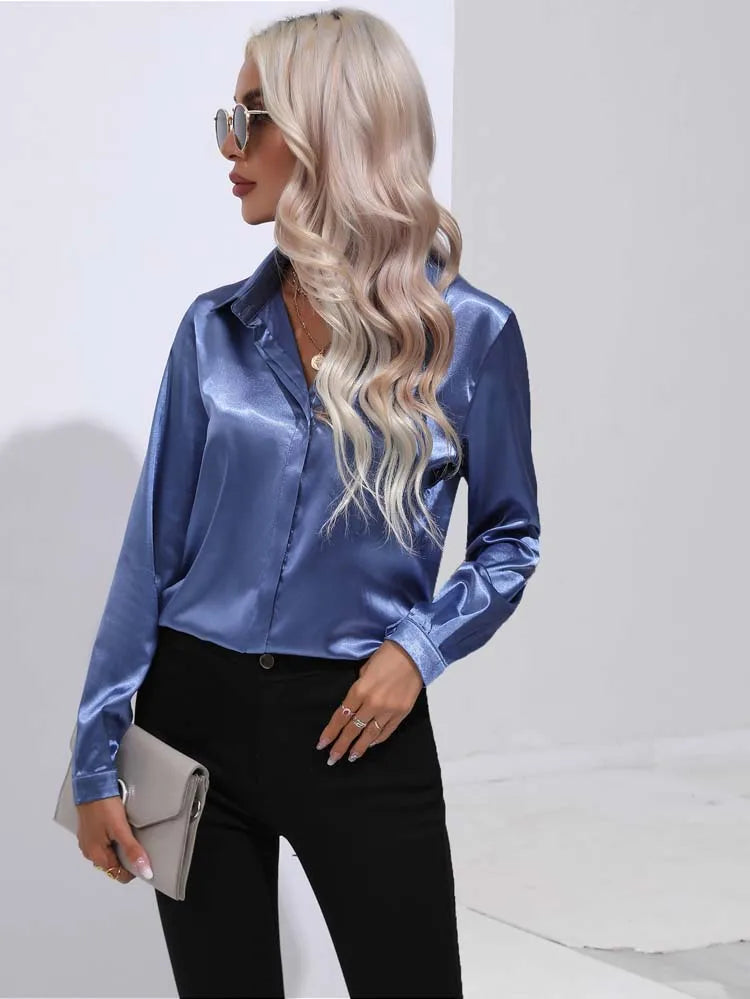 Classic Button-Up Blouse - V-Neck Long Sleeve Shirt for Women