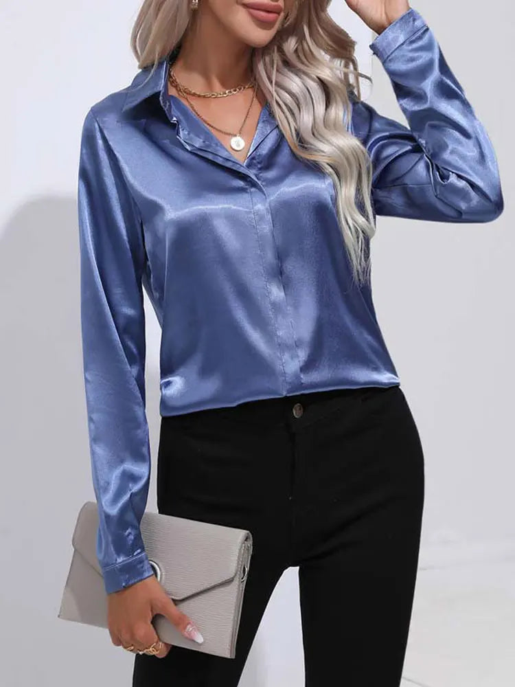 Classic Button-Up Blouse - V-Neck Long Sleeve Shirt for Women