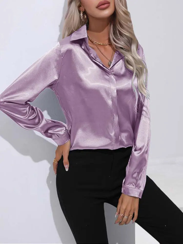 Classic Button-Up Blouse - V-Neck Long Sleeve Shirt for Women
