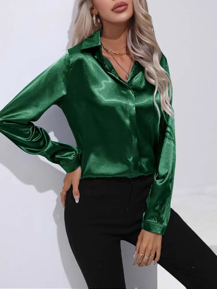 Classic Button-Up Blouse - V-Neck Long Sleeve Shirt for Women