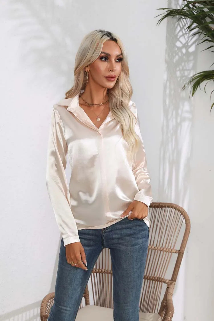 Classic Button-Up Blouse - V-Neck Long Sleeve Shirt for Women