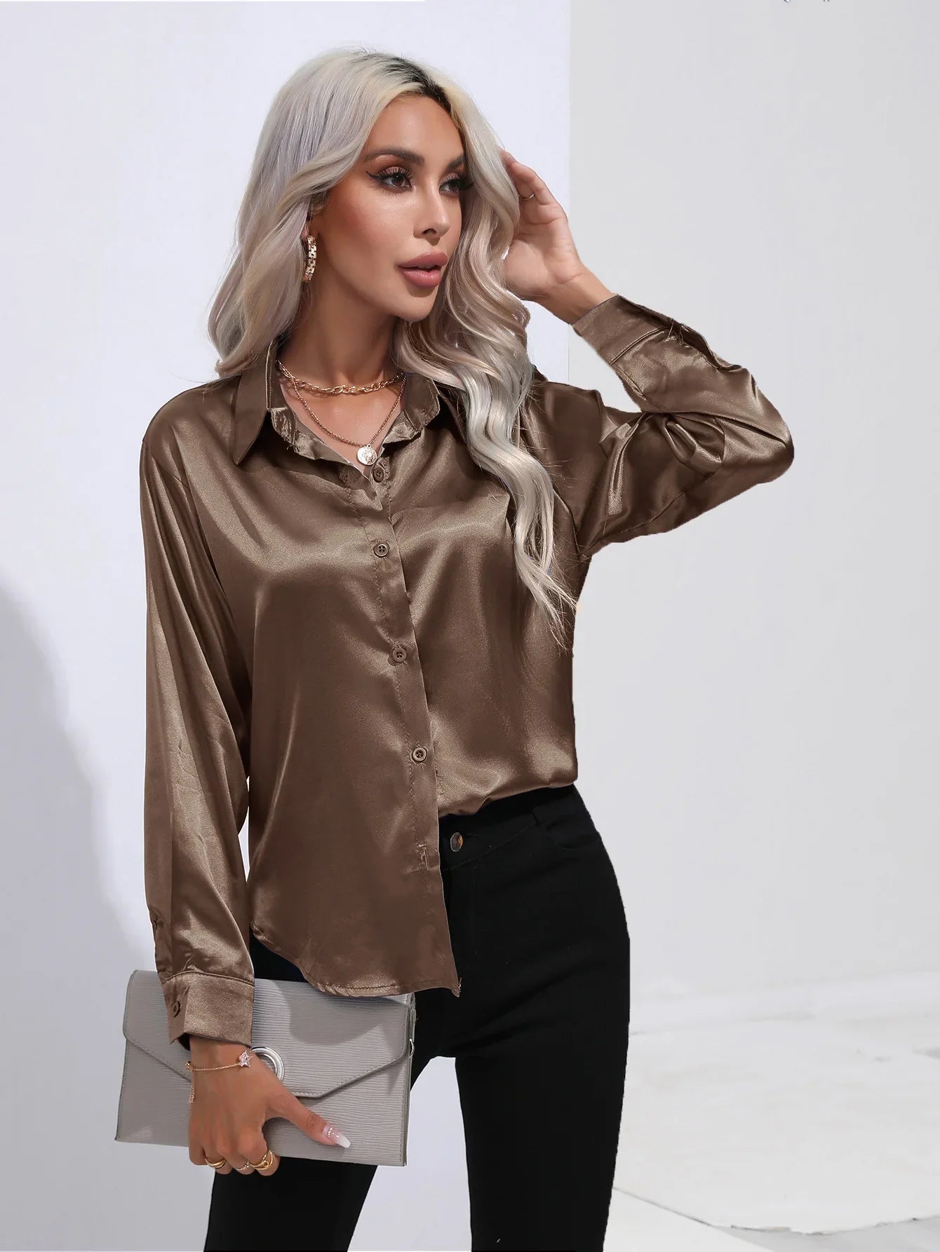 Classic Button-Up Blouse - V-Neck Long Sleeve Shirt for Women