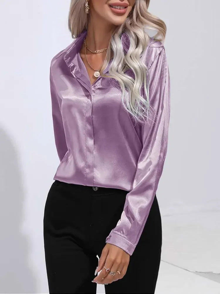 Classic Button-Up Blouse - V-Neck Long Sleeve Shirt for Women