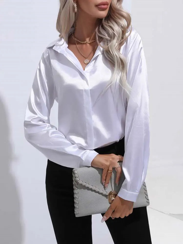 Classic Button-Up Blouse - V-Neck Long Sleeve Shirt for Women