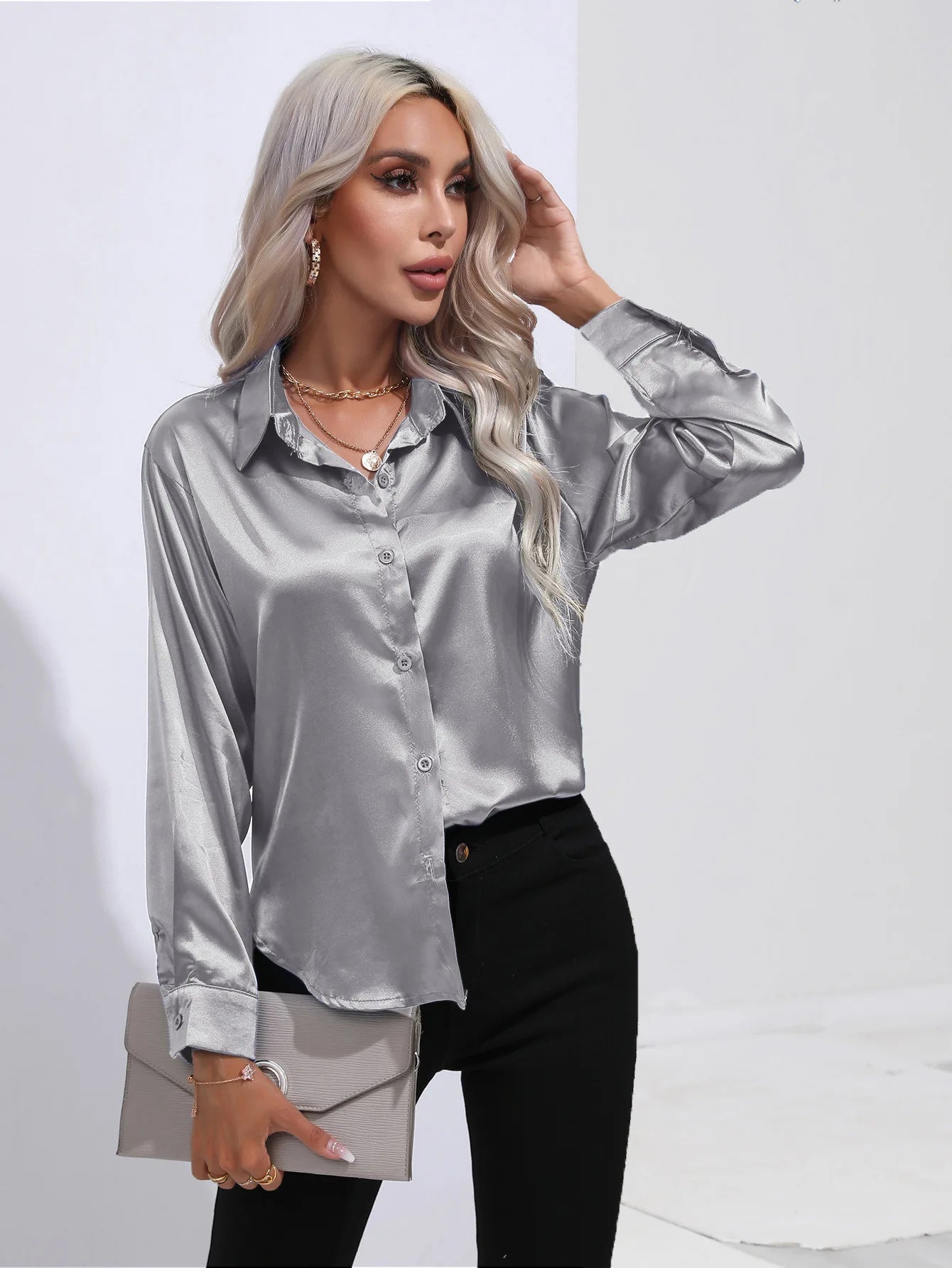 Classic Button-Up Blouse - V-Neck Long Sleeve Shirt for Women