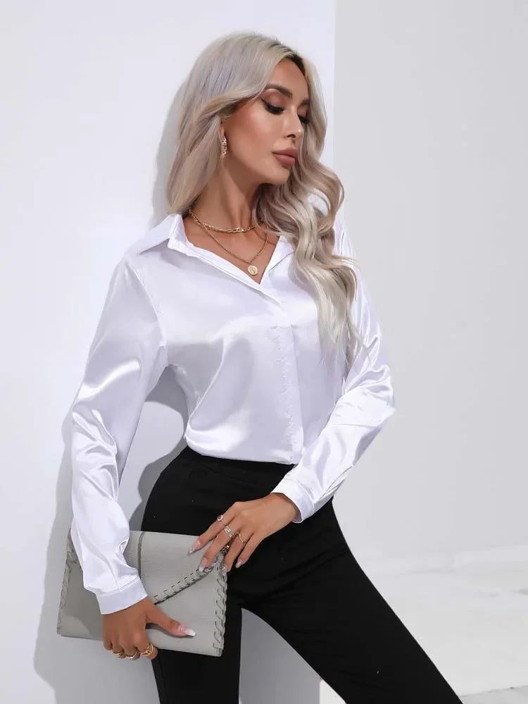 Classic Button-Up Blouse - V-Neck Long Sleeve Shirt for Women