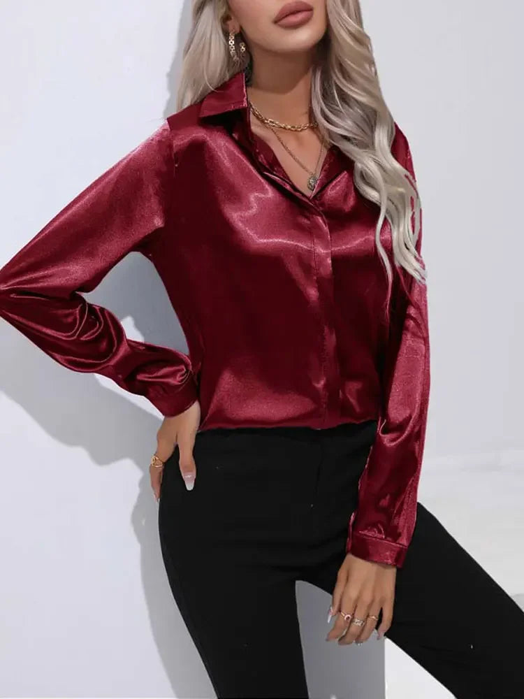 Classic Button-Up Blouse - V-Neck Long Sleeve Shirt for Women