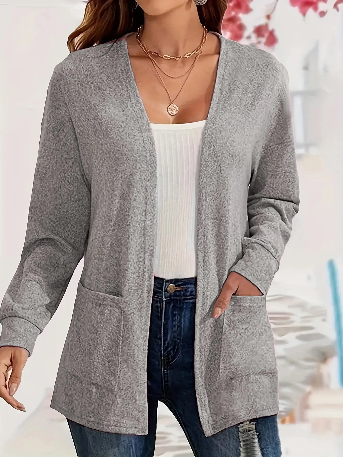 Lightweight Knit Cardigan - Open Front Pocket Design for Women