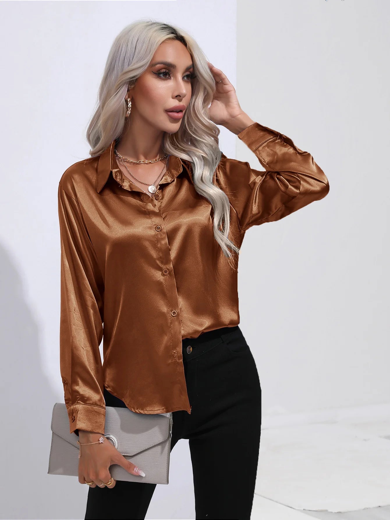 Classic Button-Up Blouse - V-Neck Long Sleeve Shirt for Women