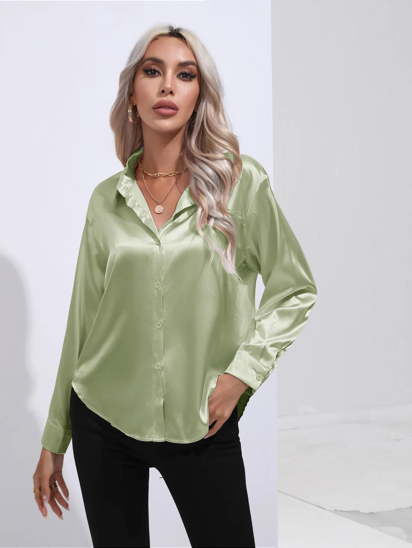 Classic Button-Up Blouse - V-Neck Long Sleeve Shirt for Women