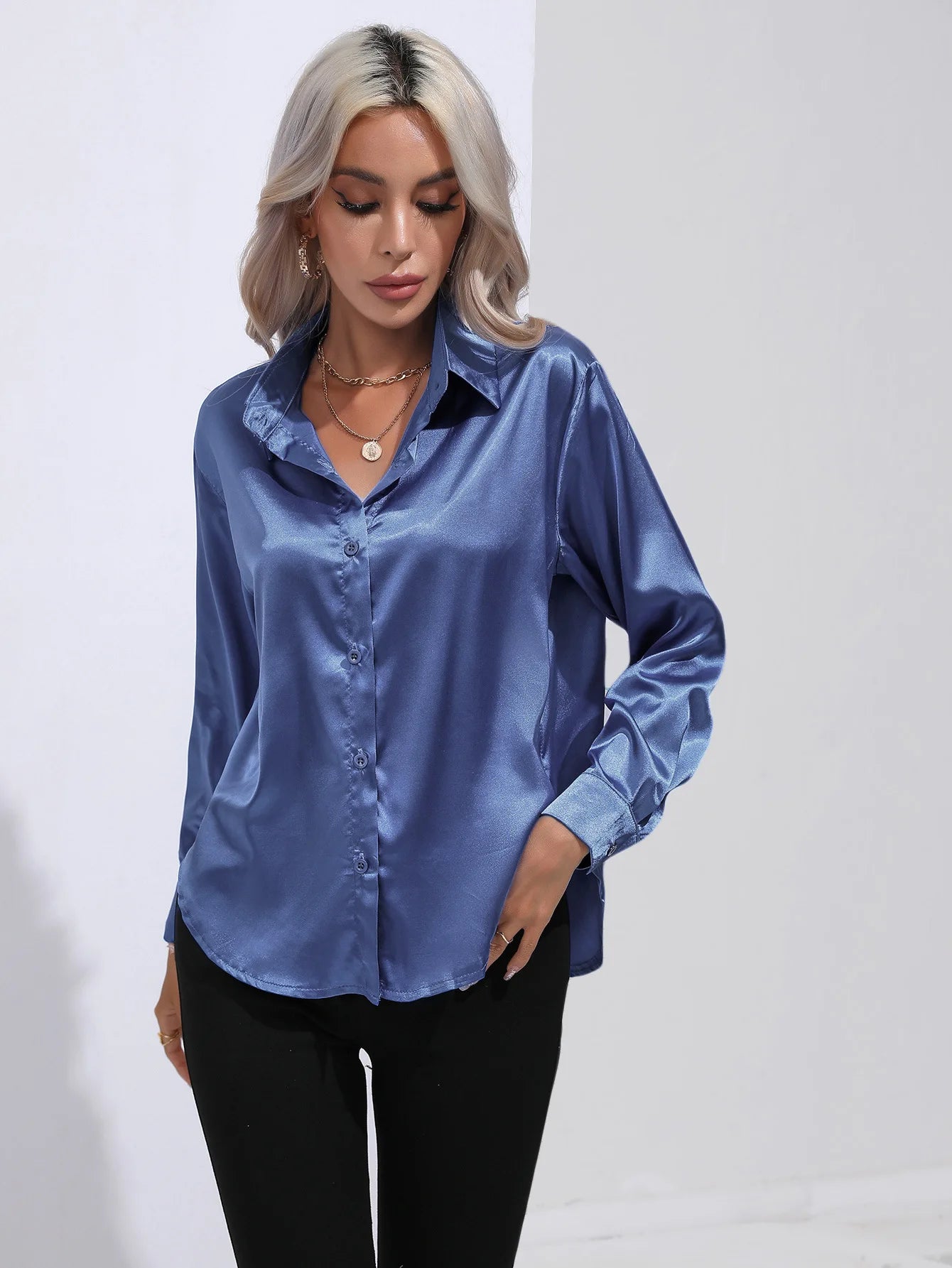 Classic Button-Up Blouse - V-Neck Long Sleeve Shirt for Women
