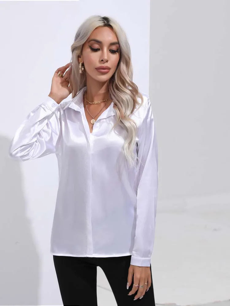 Classic Button-Up Blouse - V-Neck Long Sleeve Shirt for Women
