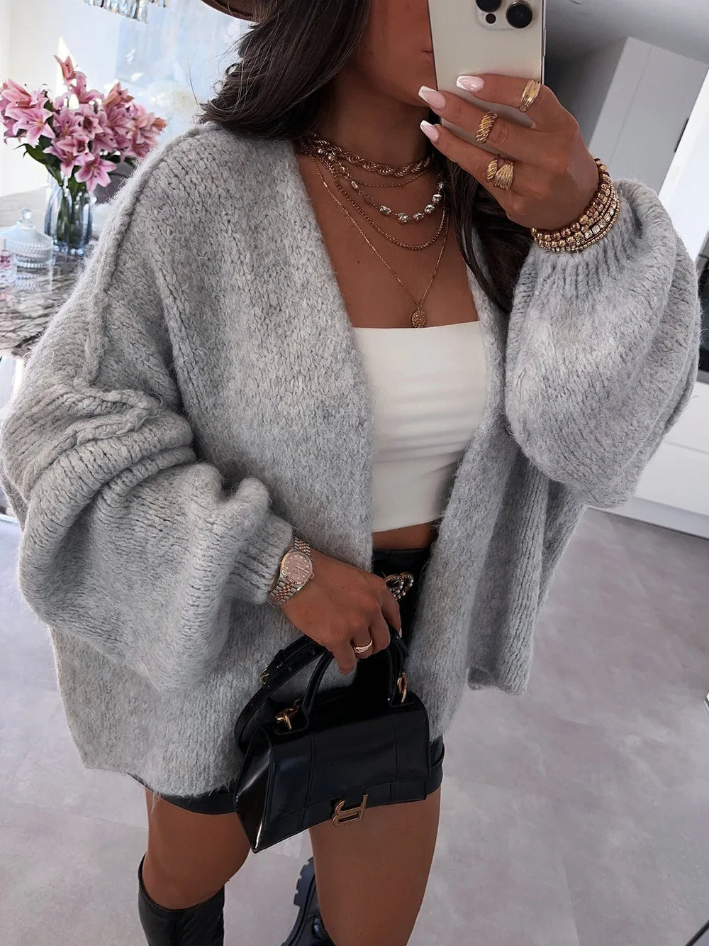 Cosy Knit Cardigan - Long Sleeve Open Front Sweater Jacket for Women