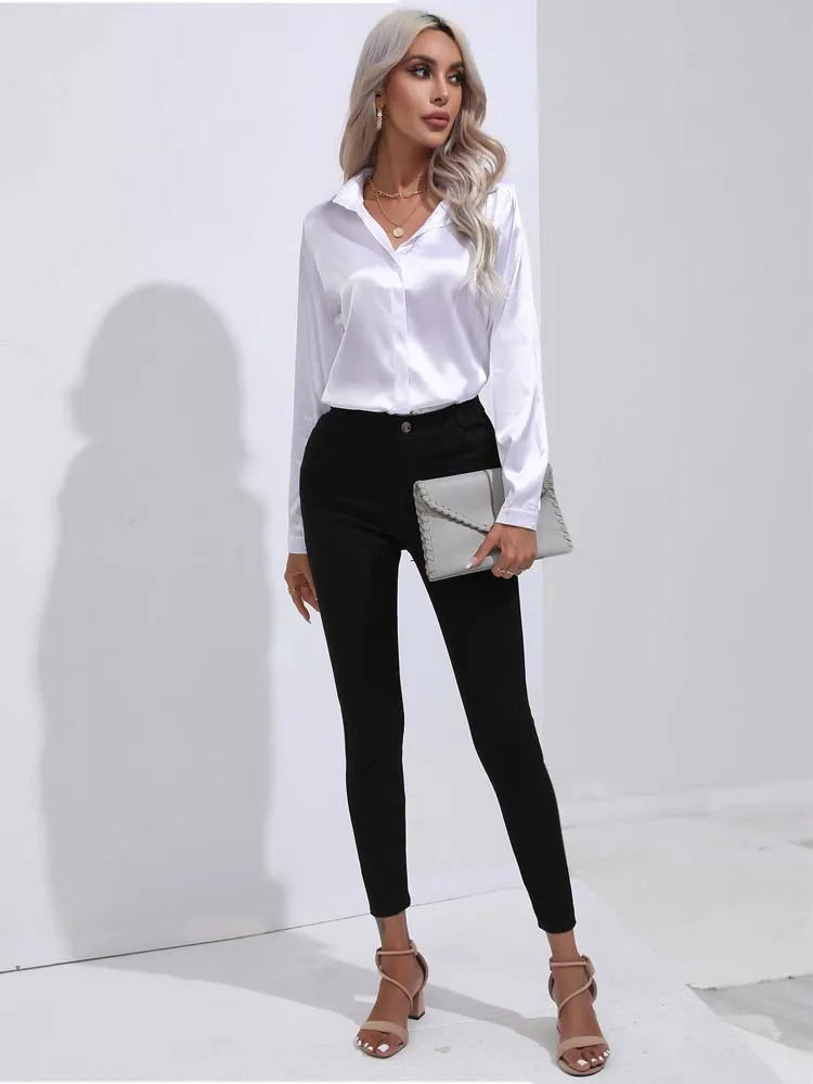 Classic Button-Up Blouse - V-Neck Long Sleeve Shirt for Women