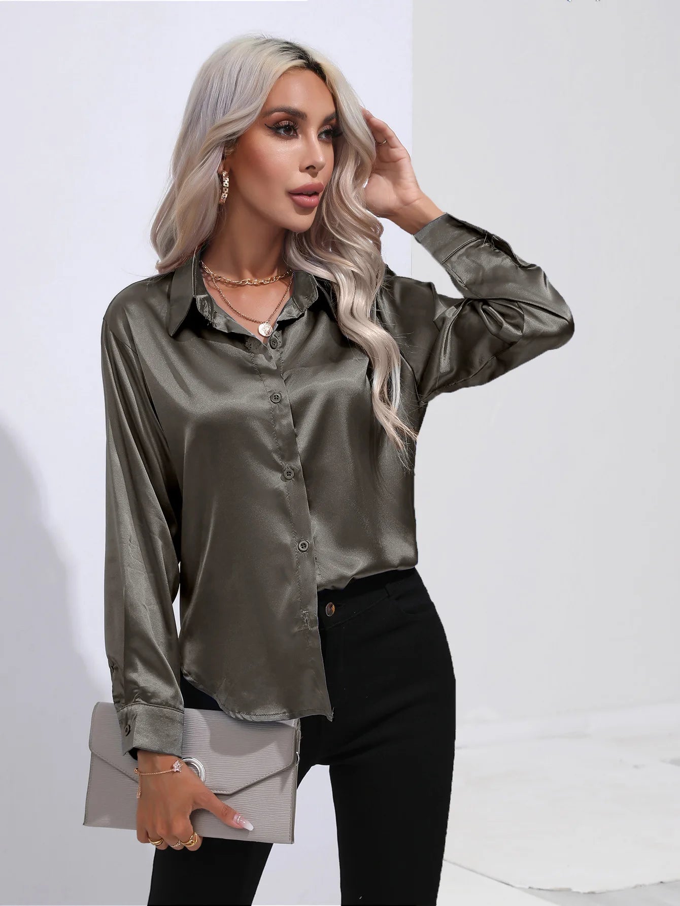 Classic Button-Up Blouse - V-Neck Long Sleeve Shirt for Women