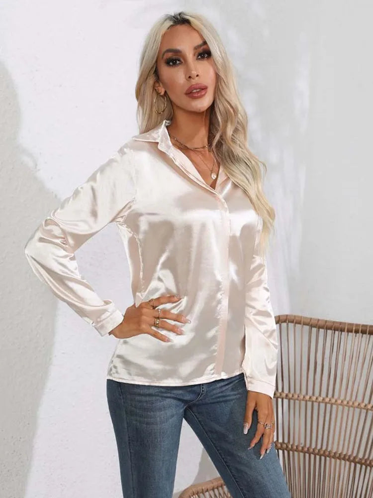 Classic Button-Up Blouse - V-Neck Long Sleeve Shirt for Women