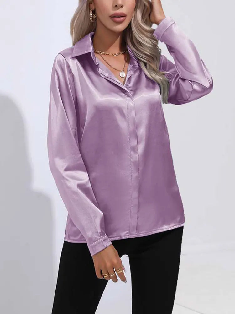 Classic Button-Up Blouse - V-Neck Long Sleeve Shirt for Women
