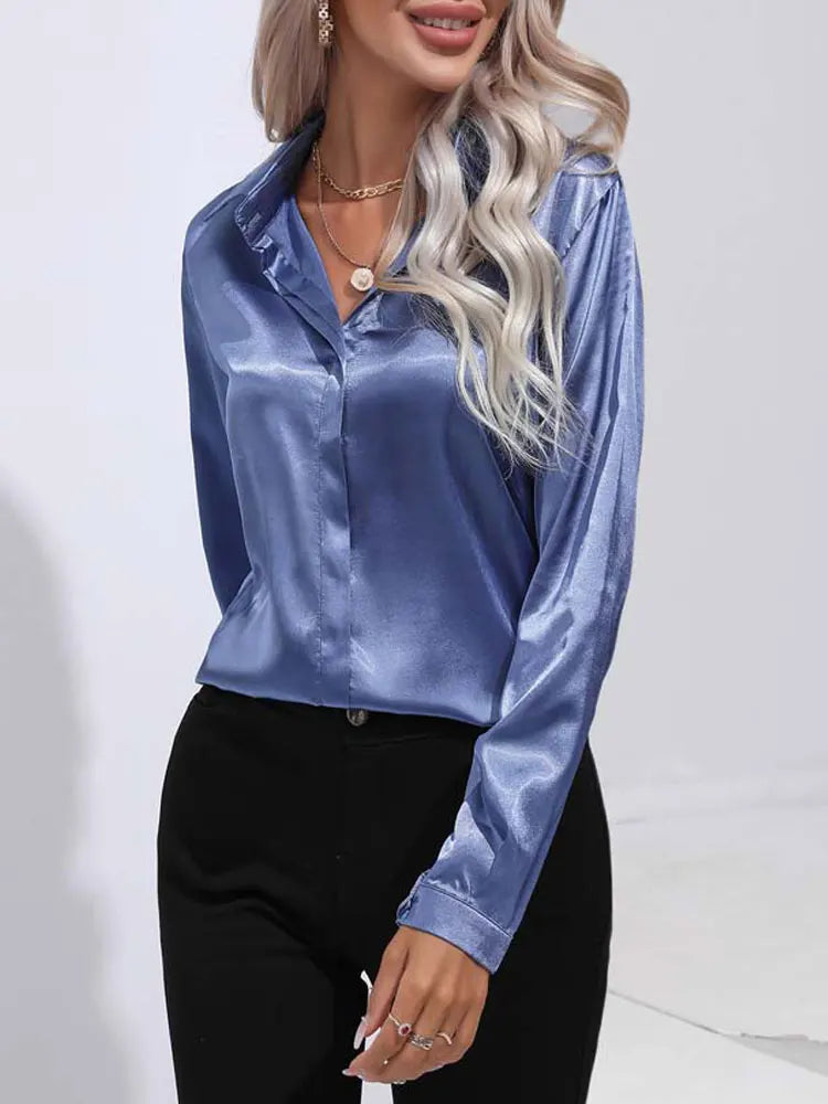 Classic Button-Up Blouse - V-Neck Long Sleeve Shirt for Women