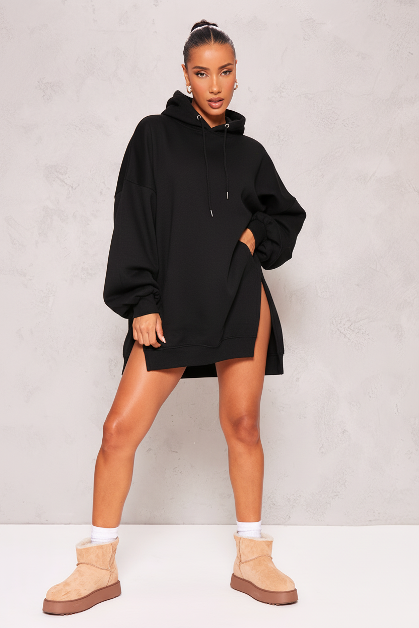 Black hoodie dress UGG boots front