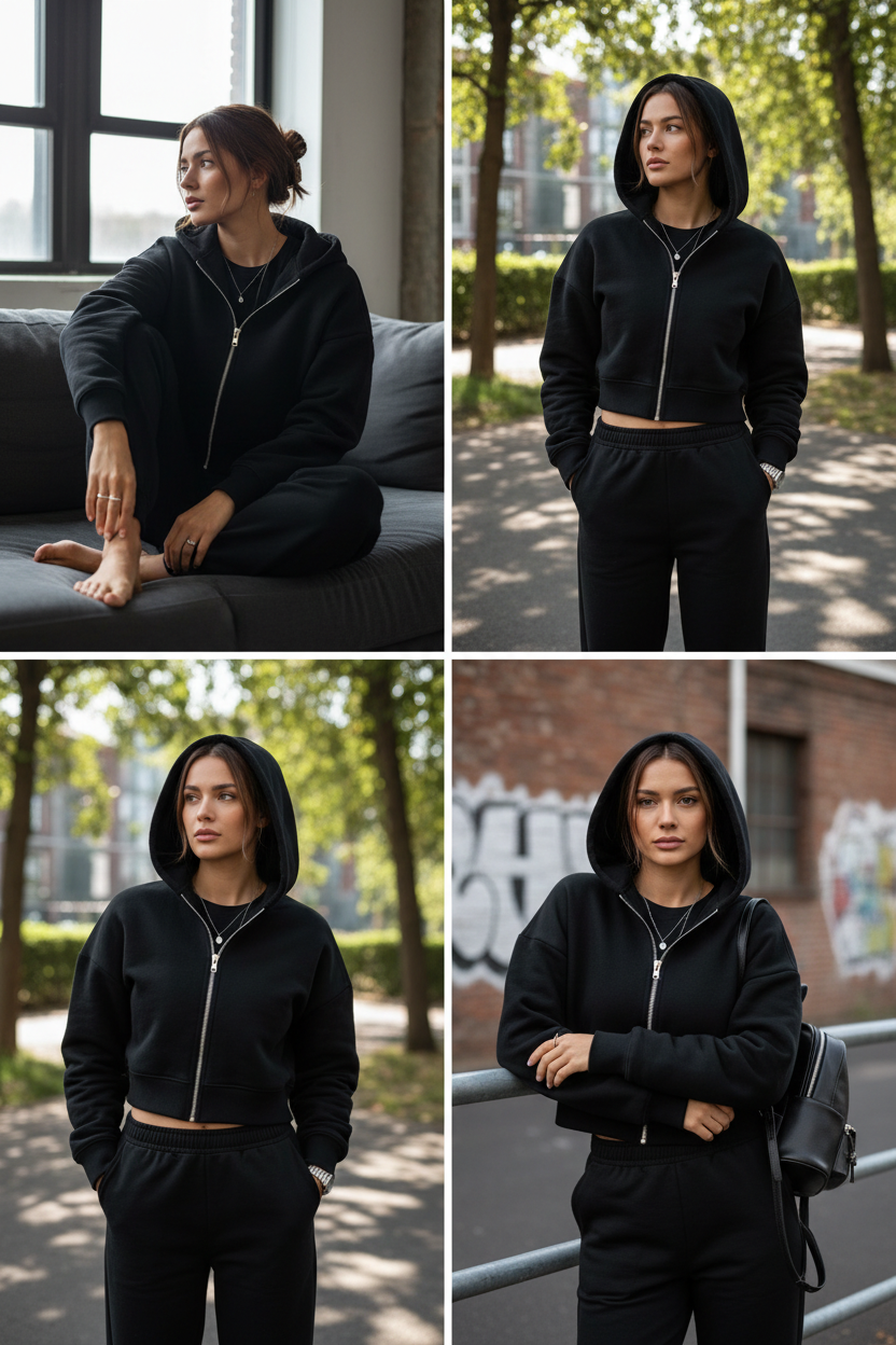 Black cropped oversized zip-up hoodie - three views set