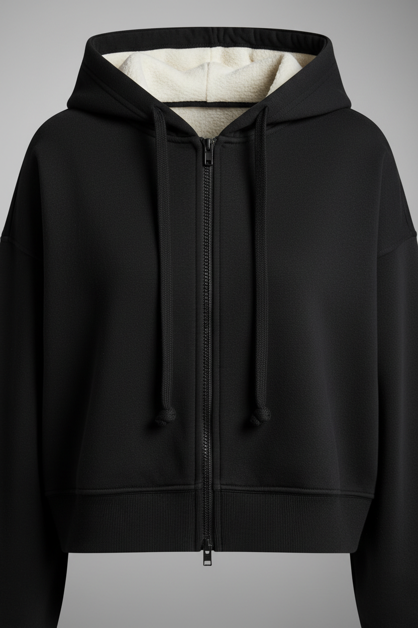 Black hoodie - close-up premium fleece lining and zipper craftsmanship
