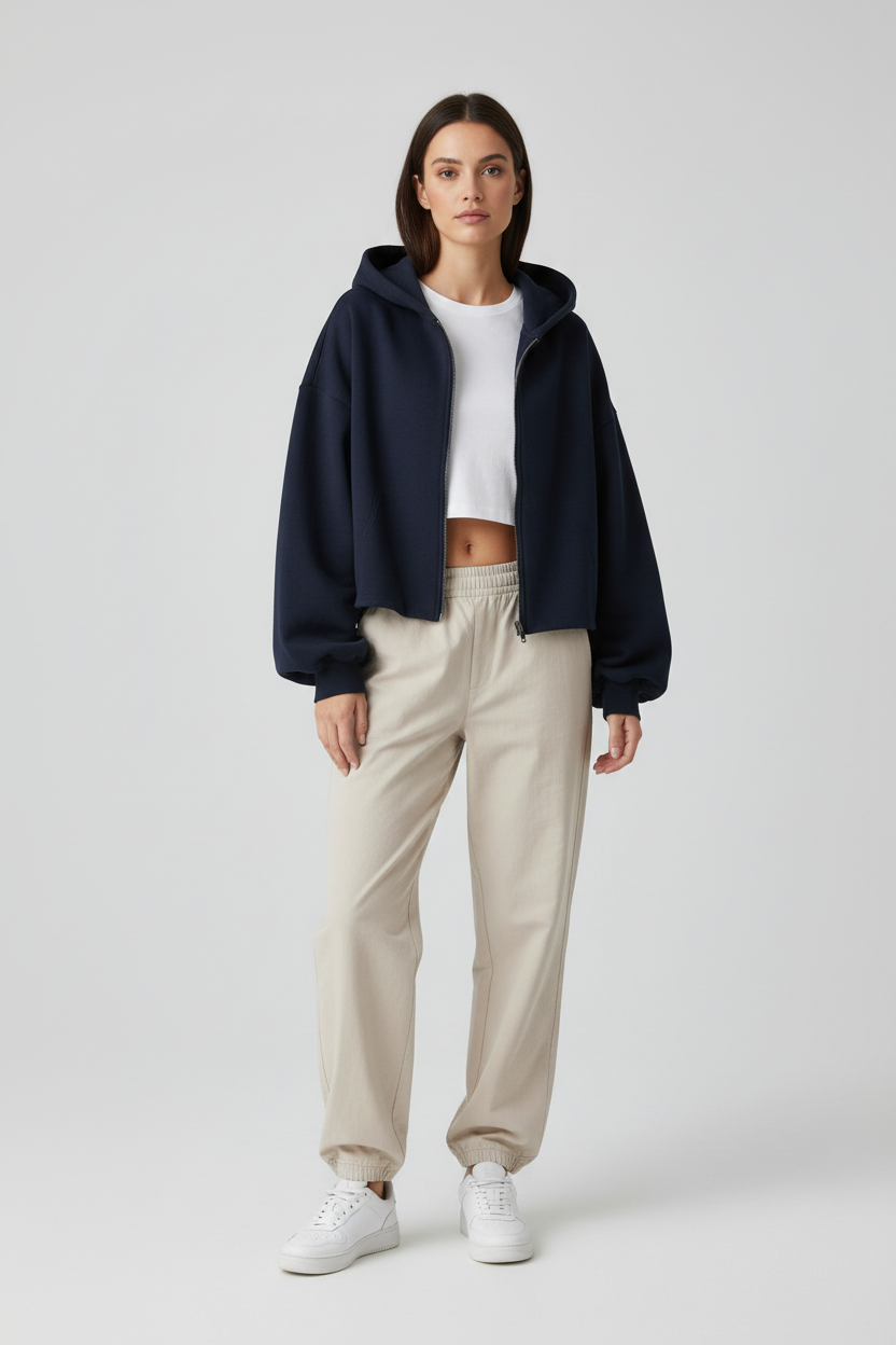 Navy blue cropped hoodie - full body studio showing boxy oversized silhouette