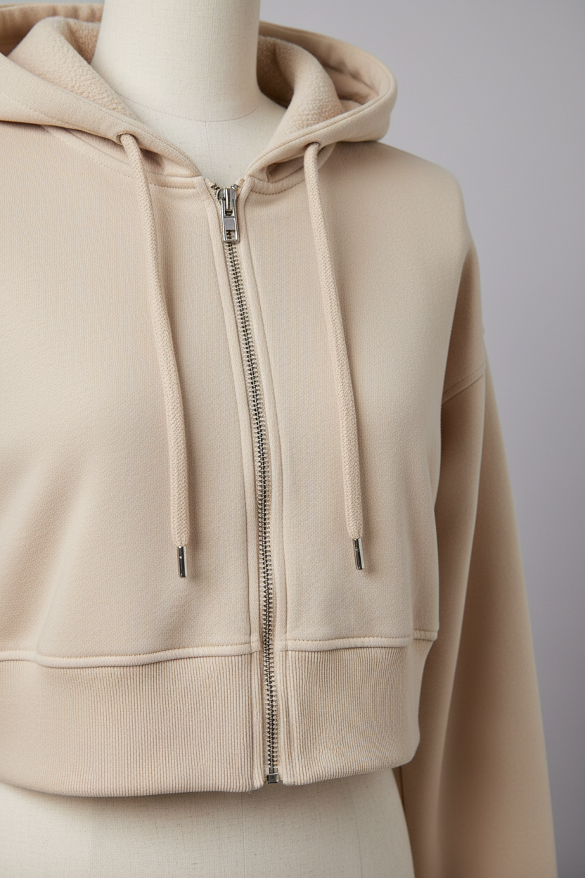 Beige cropped hoodie - close-up fabric texture and zipper quality
